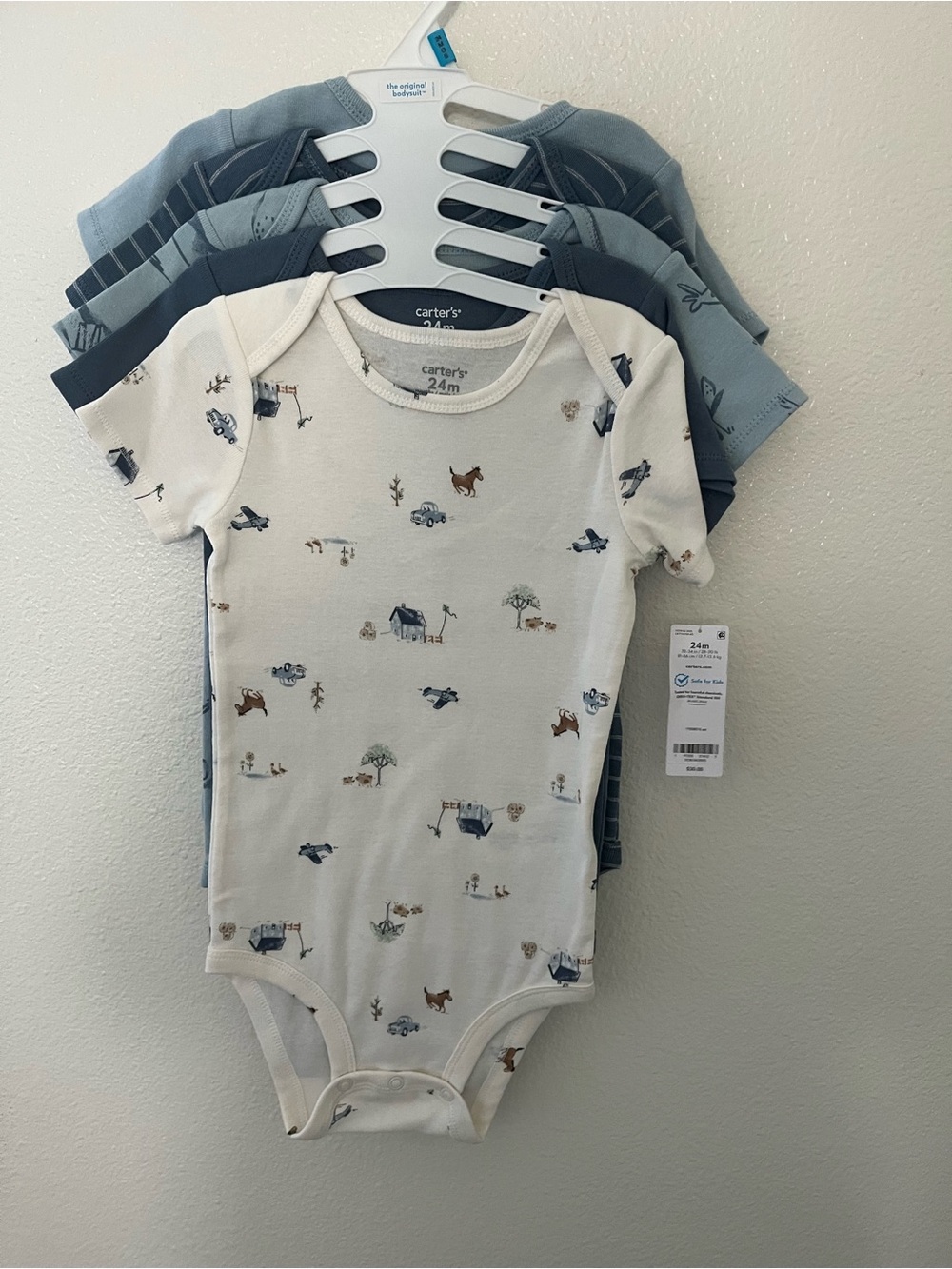 Carter's Cream & Blue Farm Animal 5-Pack Baby One-Piece Bodysuits